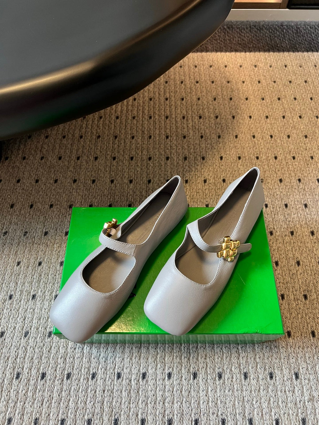 BOTTEGA VENETA 26S MARY JANE FLATS IN DARK GREY LAMBSKIN WITH GOLD HARDWARE