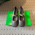 BOTTEGA VENETA 26S MARY JANE FLATS IN DARK BROWN LAMBSKIN WITH GOLD HARDWARE