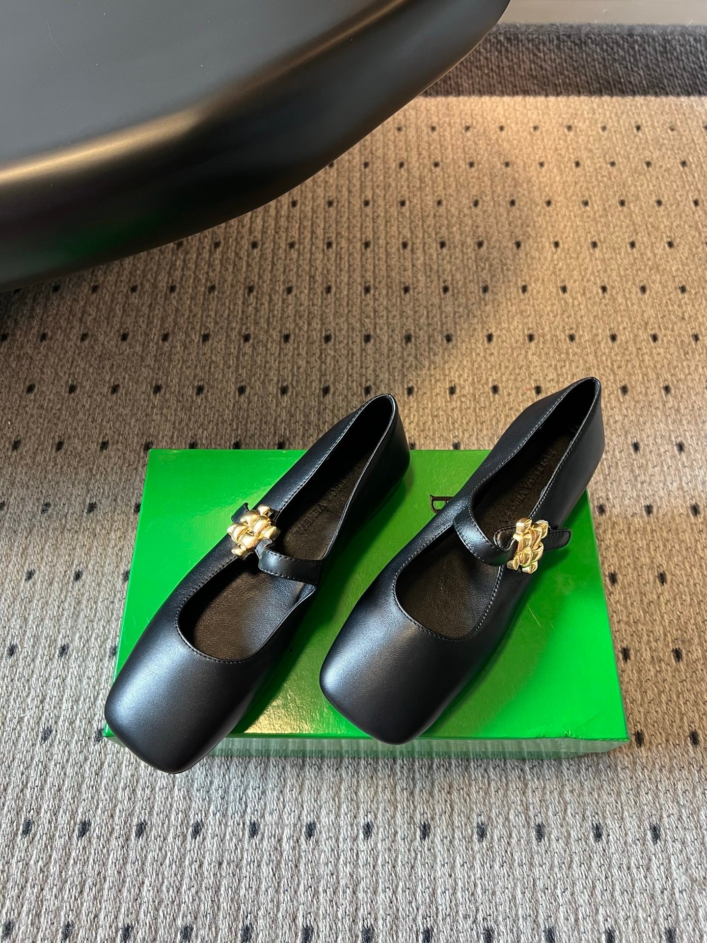 BOTTEGA VENETA 26S MARY JANE FLATS IN BLACK LAMBSKIN WITH GOLD HARDWARE