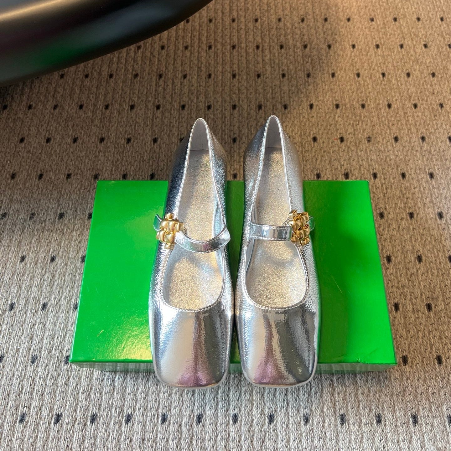 BOTTEGA VENETA 26S MARY JANE FLATS IN SILVER LAMBSKIN WITH GOLD HARDWARE
