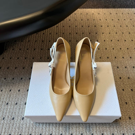 DIOR 26S POINTED-TOE PUMPS 95MM IN BEIGE CALFSKIN WITH J'ADIOR BOW