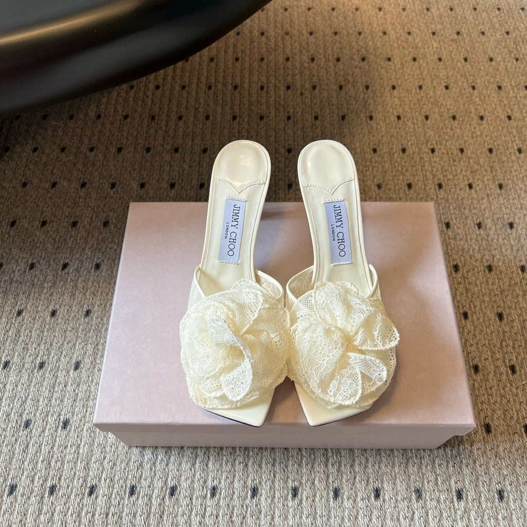 JIMMY CHOO 26S HIGH-HEEL SANDALS 70 MM IN CREAM WHITE LACE AND CALFSKIN