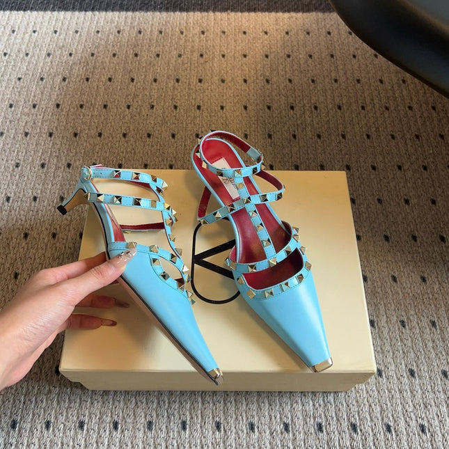 VALENTINO 26S ROCKSTUD HIGH HEELS 40 MM IN LIGHT BLUE CALFSKIN