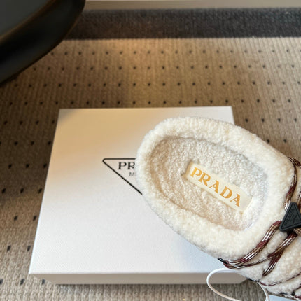 PRADA 26S WOVEN MULES IN IVORY WOOL AND DARK BROWN SUEDE