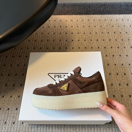 PRADA 26S PLATFORM SNEAKERS IN DARK BROWN FABRIC MIX SUEDE