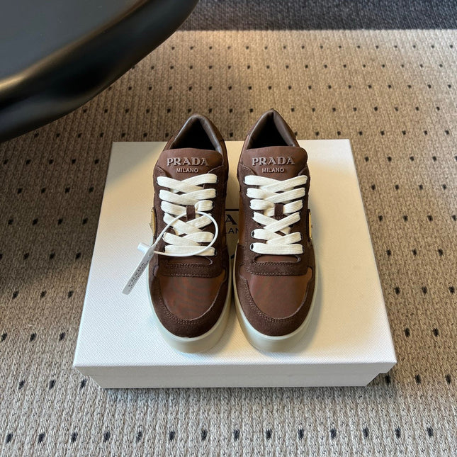PRADA 26S PLATFORM SNEAKERS IN DARK BROWN FABRIC MIX SUEDE