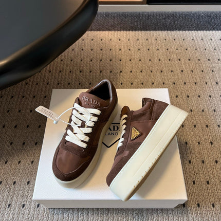 PRADA 26S PLATFORM SNEAKERS IN DARK BROWN FABRIC MIX SUEDE