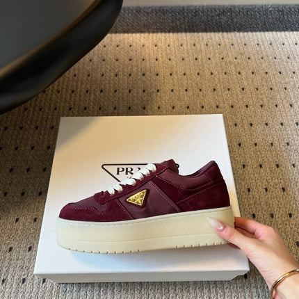 PRADA 26S PLATFORM SNEAKERS IN DARK RED FABRIC MIX SUEDE