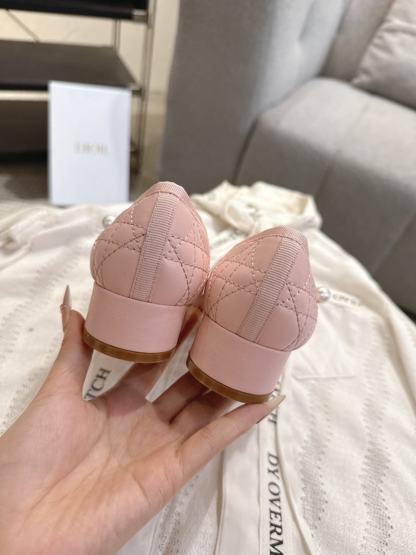 DIOR 26S MARY JANE PUMPS IN LIGHT PINK LAMBSKIN PEARL-ADORNED STRAP