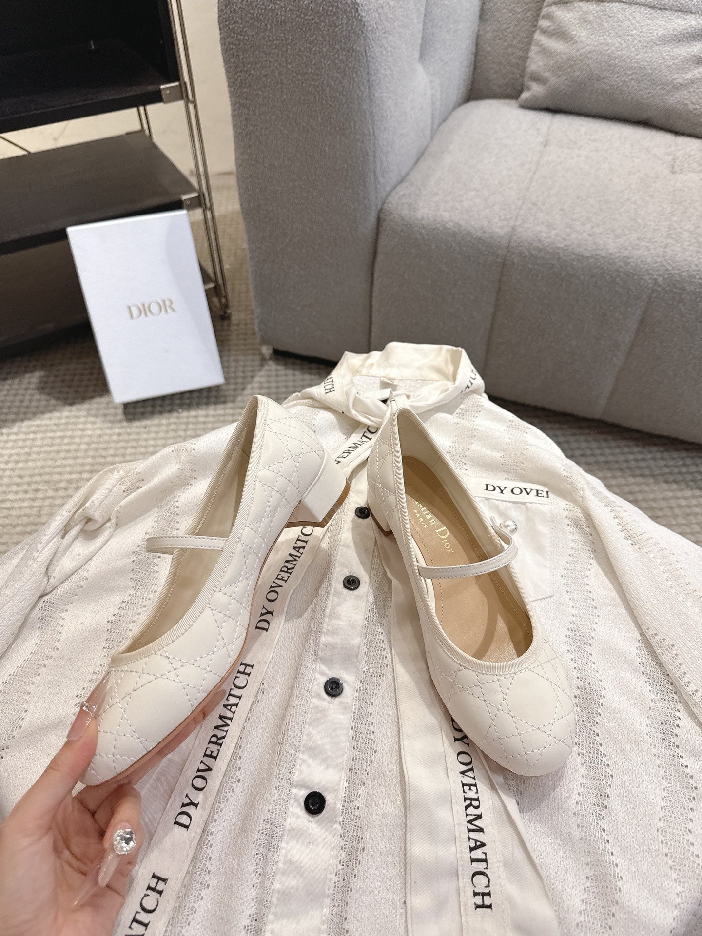 DIOR 26S MARY JANE PUMPS IN CREAM WHITE LAMBSKIN PEARL-ADORNED STRAP