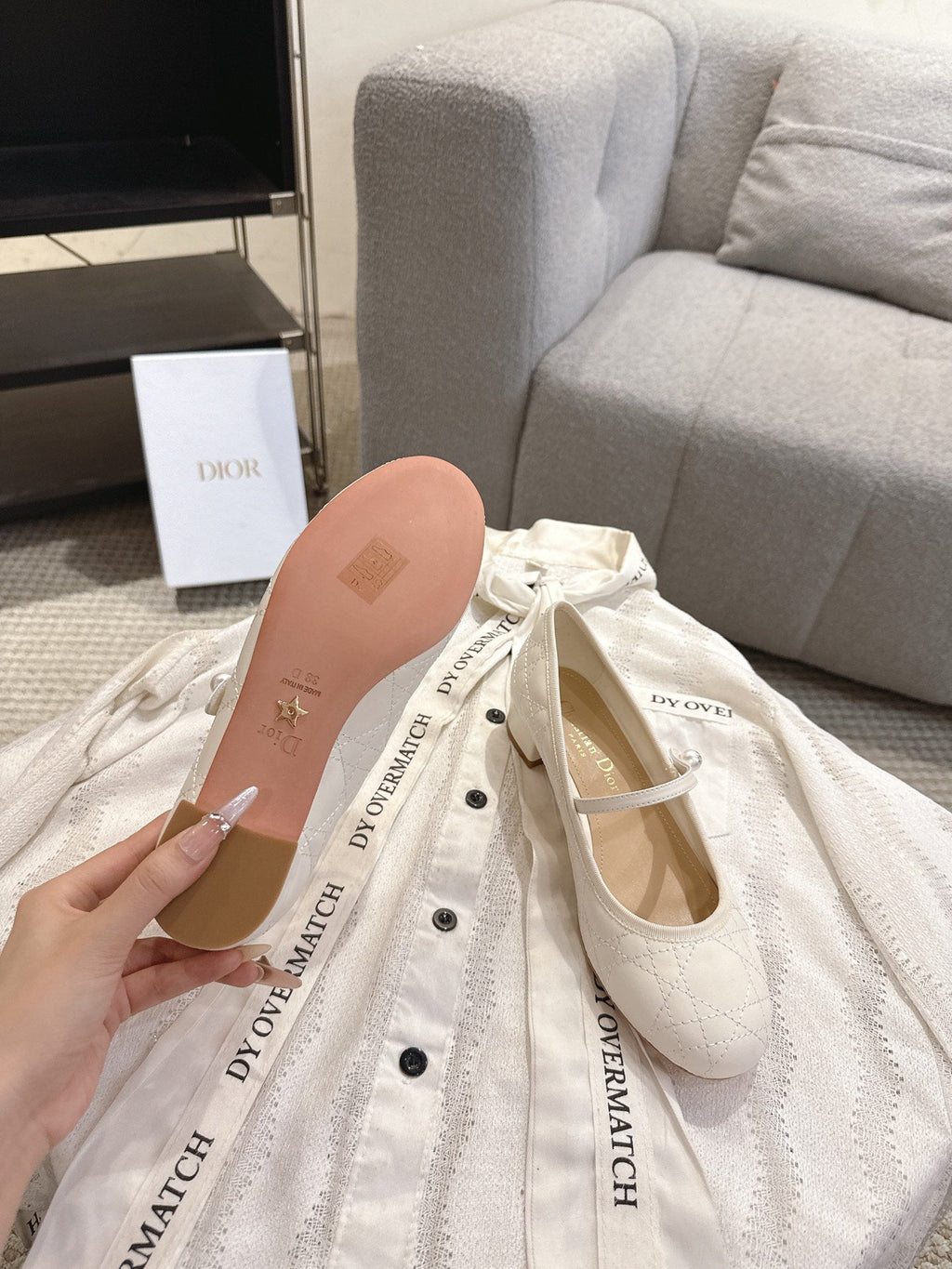 DIOR 26S MARY JANE PUMPS IN CREAM WHITE LAMBSKIN PEARL-ADORNED STRAP
