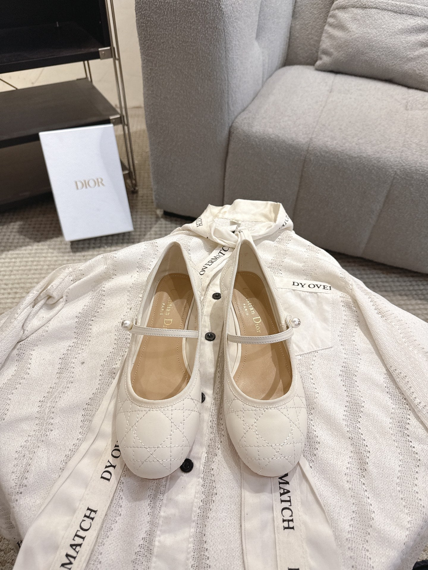 DIOR 26S MARY JANE PUMPS IN CREAM WHITE LAMBSKIN PEARL-ADORNED STRAP