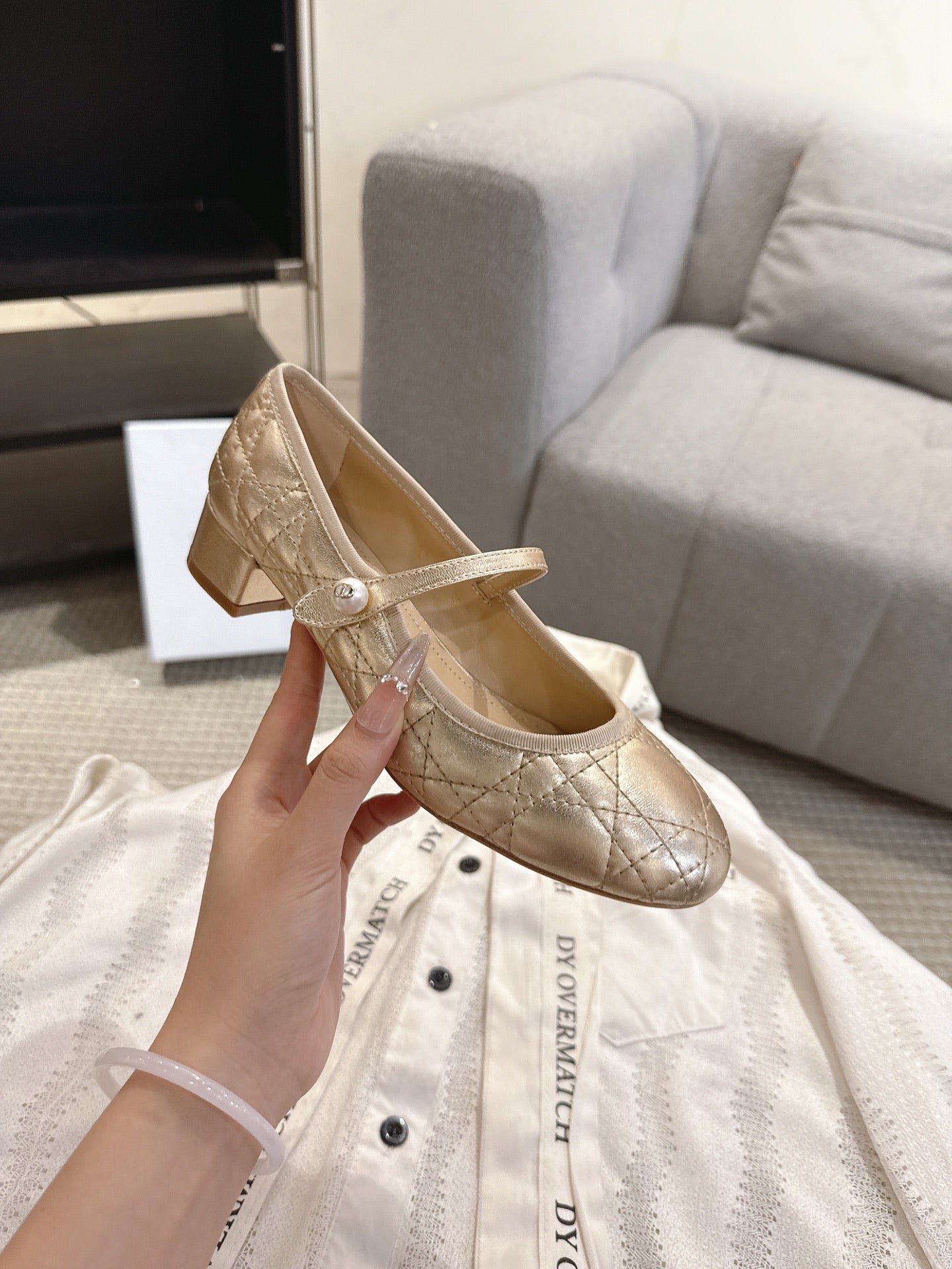 DIOR 26S MARY JANE PUMPS IN GOLD LAMBSKIN PEARL-ADORNED STRAP