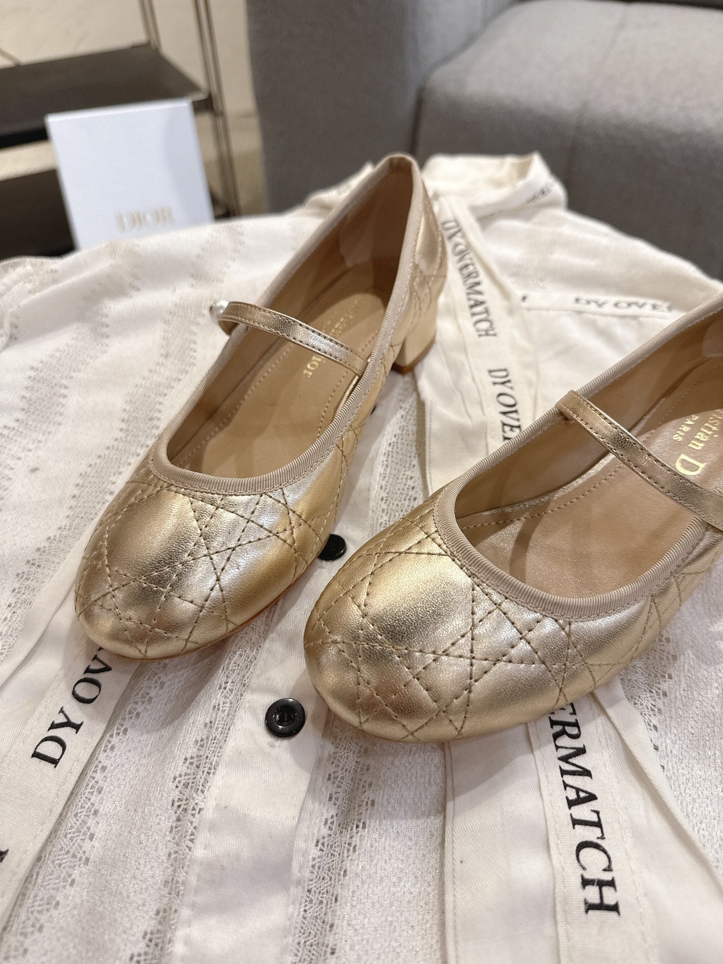 DIOR 26S MARY JANE PUMPS IN GOLD LAMBSKIN PEARL-ADORNED STRAP