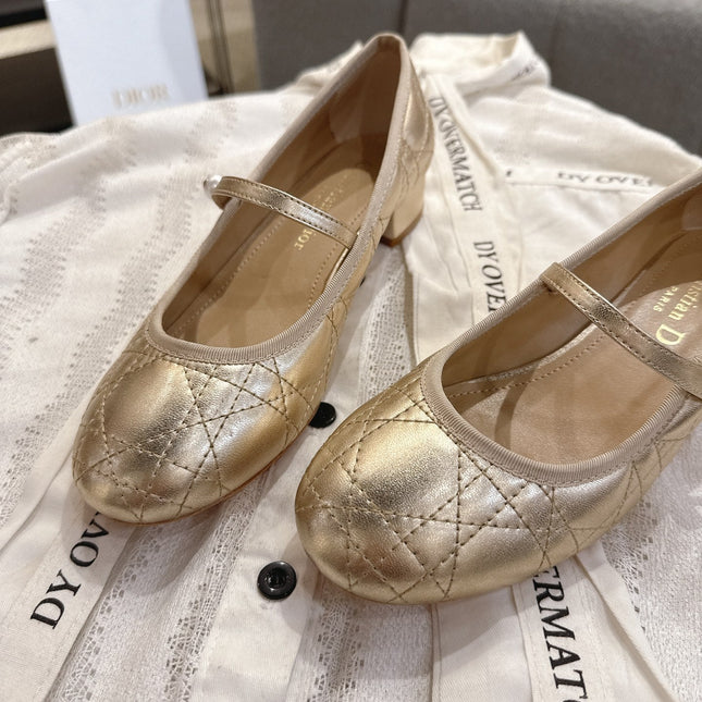 DIOR 26S MARY JANE PUMPS IN GOLD LAMBSKIN PEARL-ADORNED STRAP