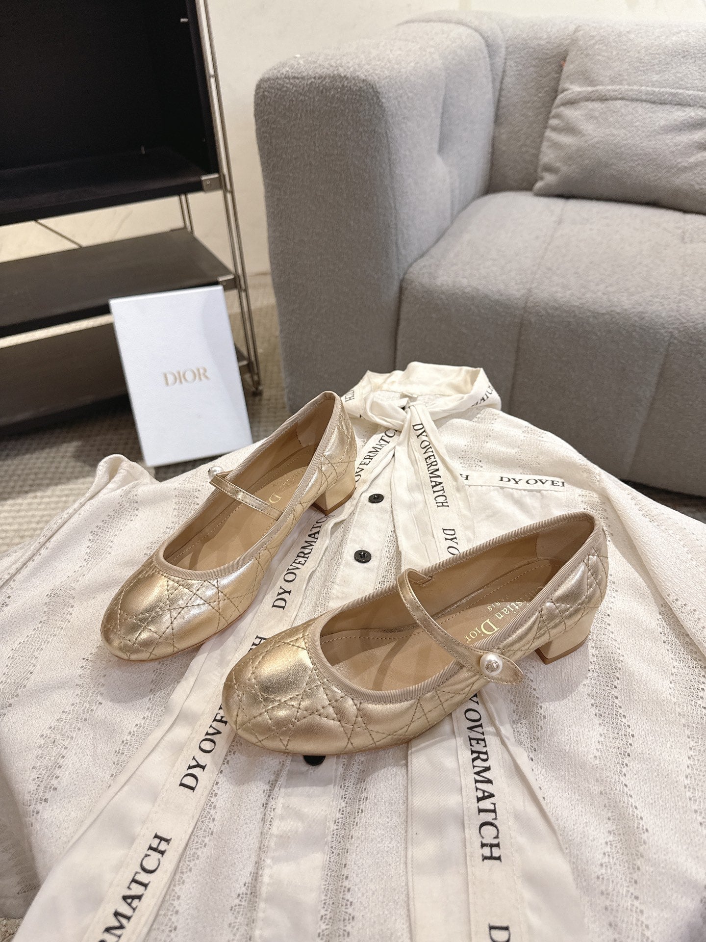 DIOR 26S MARY JANE PUMPS IN GOLD LAMBSKIN PEARL-ADORNED STRAP