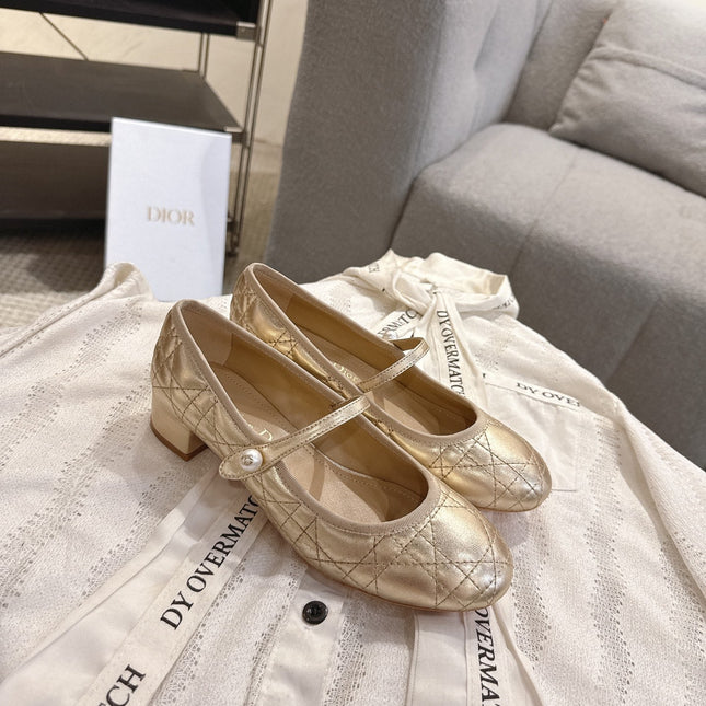 DIOR 26S MARY JANE PUMPS IN GOLD LAMBSKIN PEARL-ADORNED STRAP