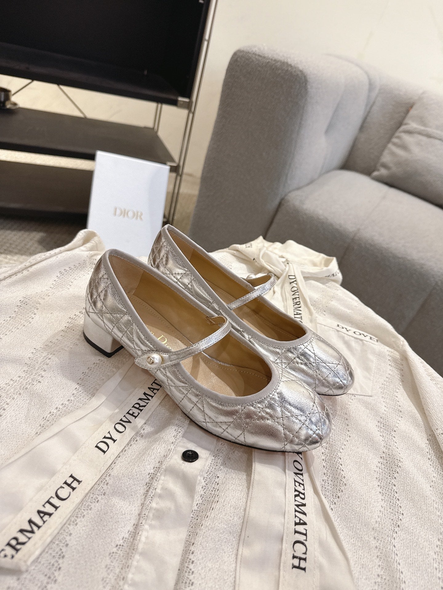 DIOR 26S MARY JANE PUMPS IN SILVER LAMBSKIN PEARL-ADORNED STRAP