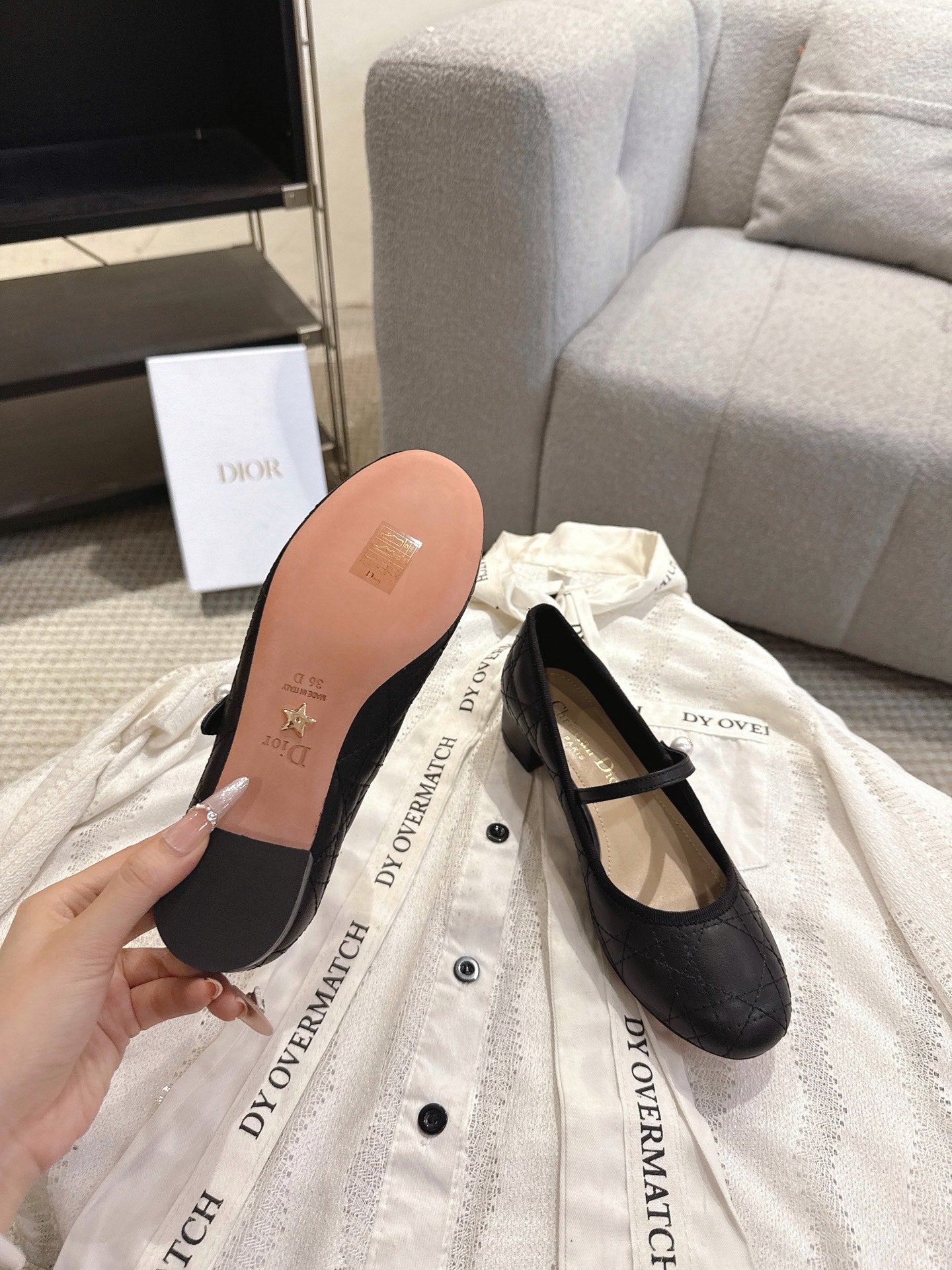 DIOR 26S MARY JANE PUMPS IN BLACK LAMBSKIN PEARL-ADORNED STRAP