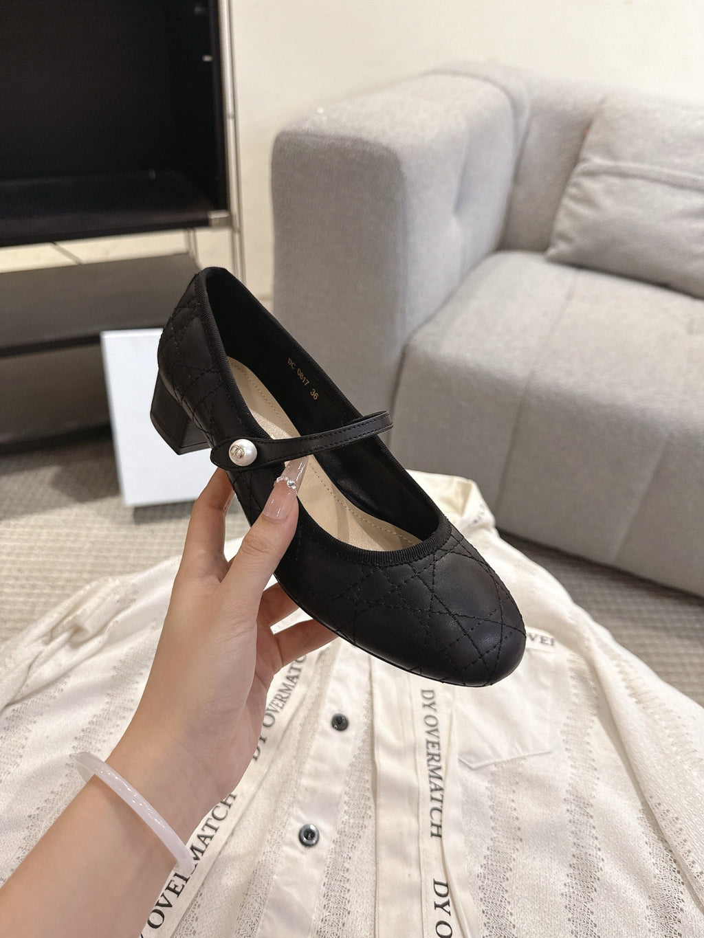 DIOR 26S MARY JANE PUMPS IN BLACK LAMBSKIN PEARL-ADORNED STRAP