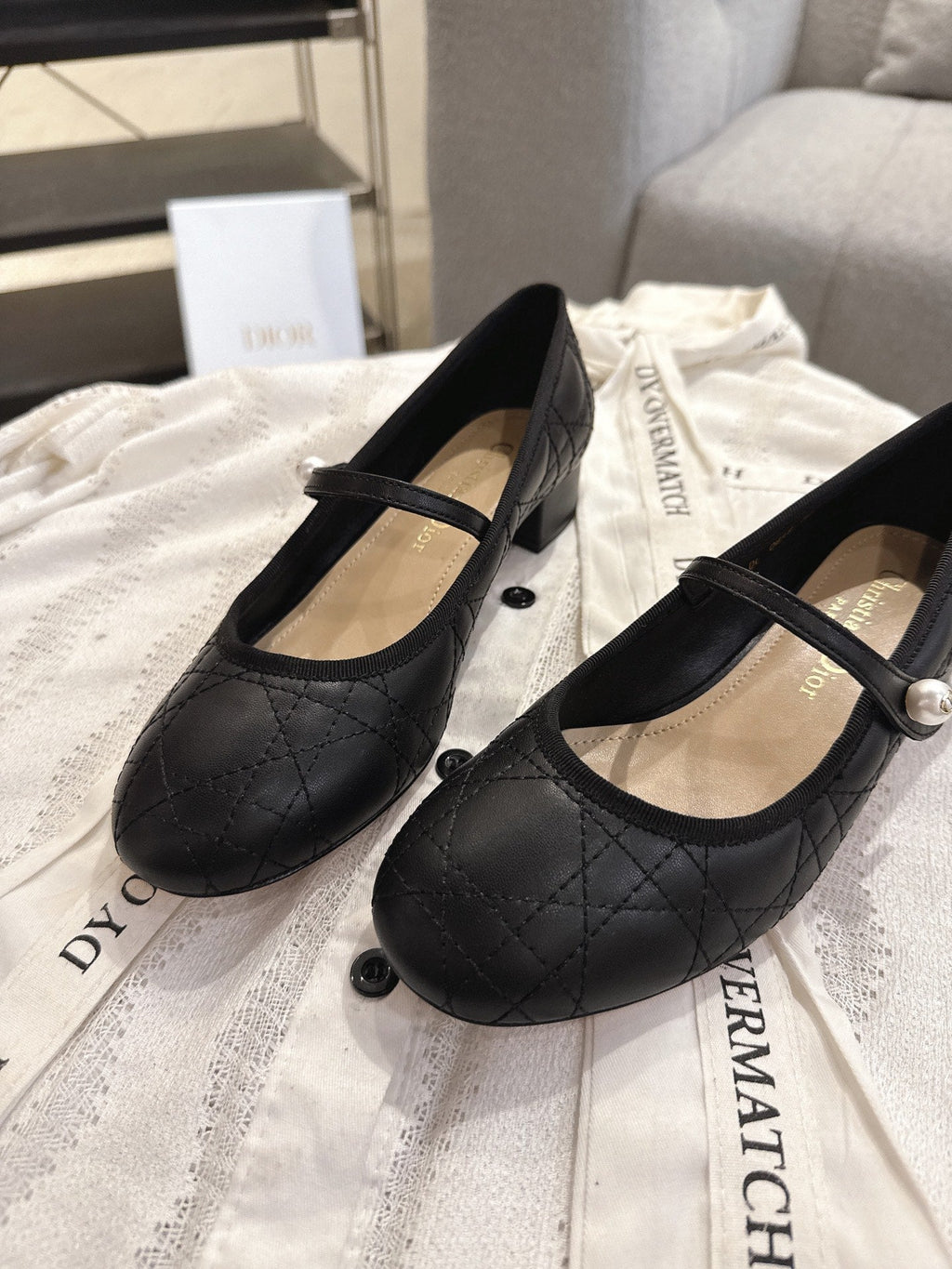 DIOR 26S MARY JANE PUMPS IN BLACK LAMBSKIN PEARL-ADORNED STRAP