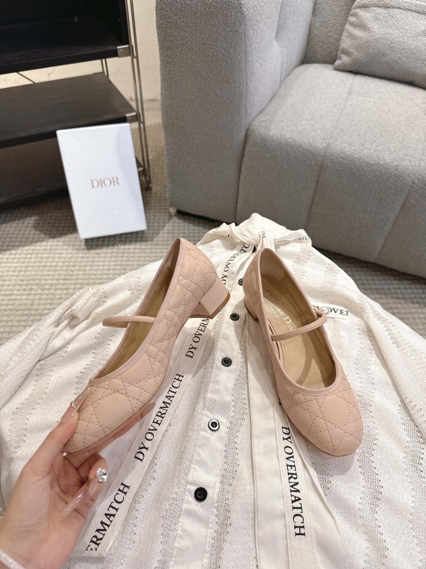 DIOR 26S MARY JANE PUMPS IN NUDE LAMBSKIN PEARL-ADORNED STRAP