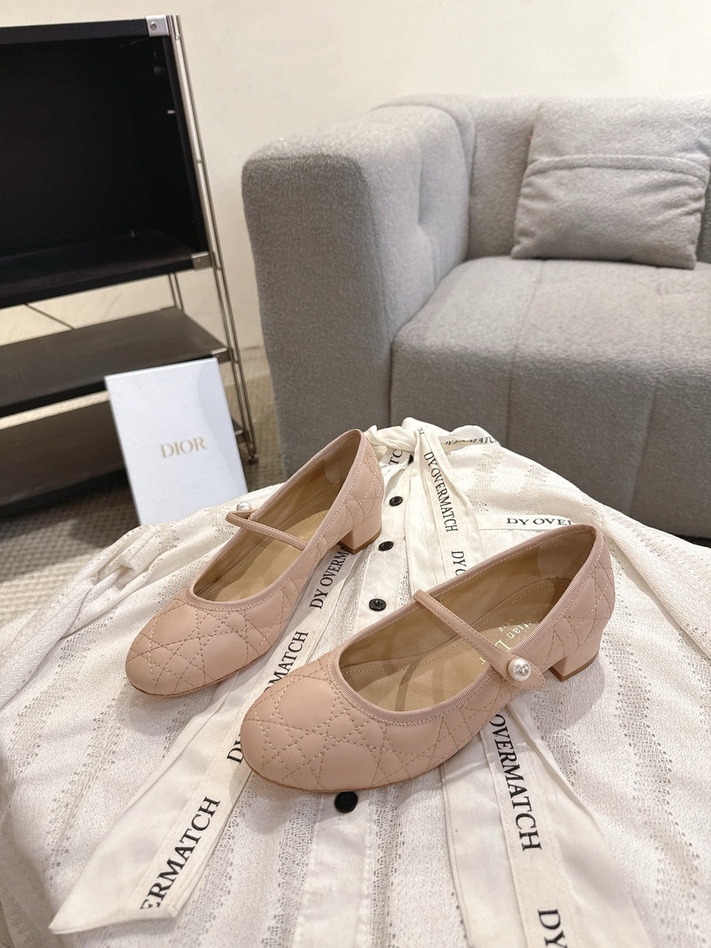 DIOR 26S MARY JANE PUMPS IN NUDE LAMBSKIN PEARL-ADORNED STRAP