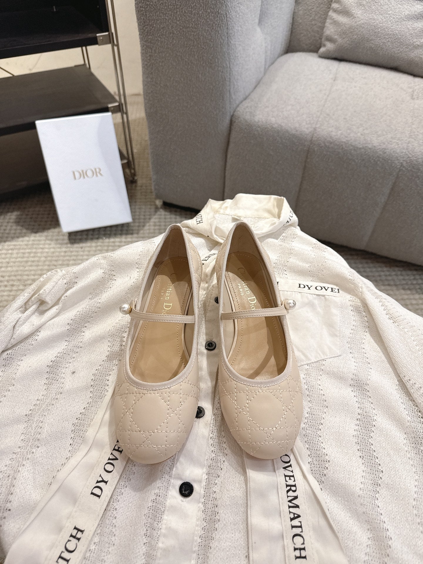 DIOR 26S MARY JANE PUMPS IN BEIGE LAMBSKIN PEARL-ADORNED STRAP