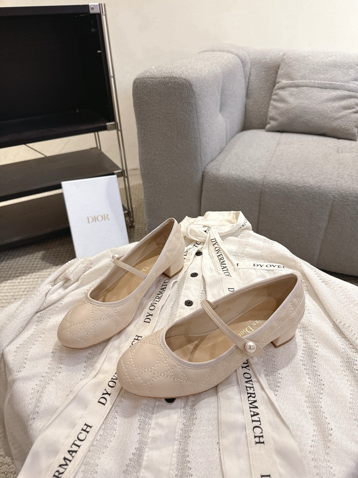 DIOR 26S MARY JANE PUMPS IN BEIGE LAMBSKIN PEARL-ADORNED STRAP