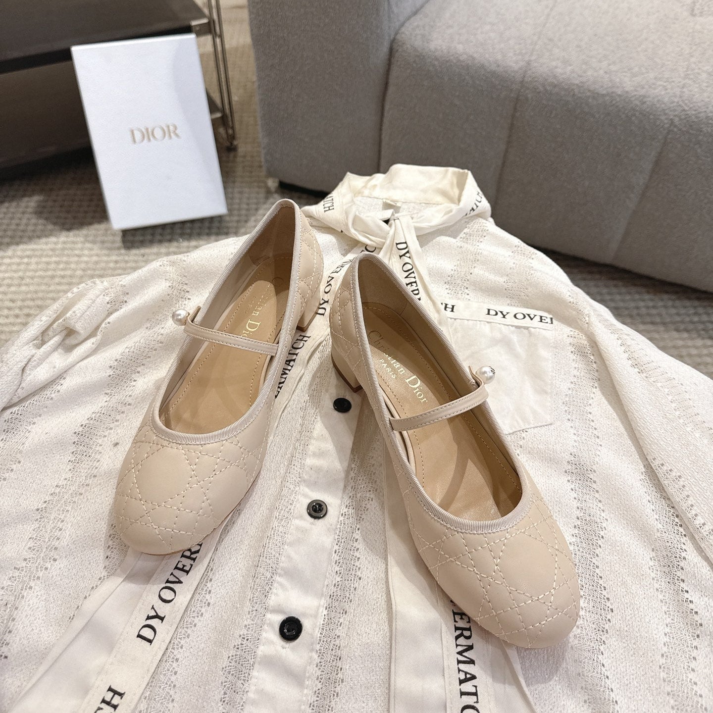 DIOR 26S MARY JANE PUMPS IN BEIGE LAMBSKIN PEARL-ADORNED STRAP