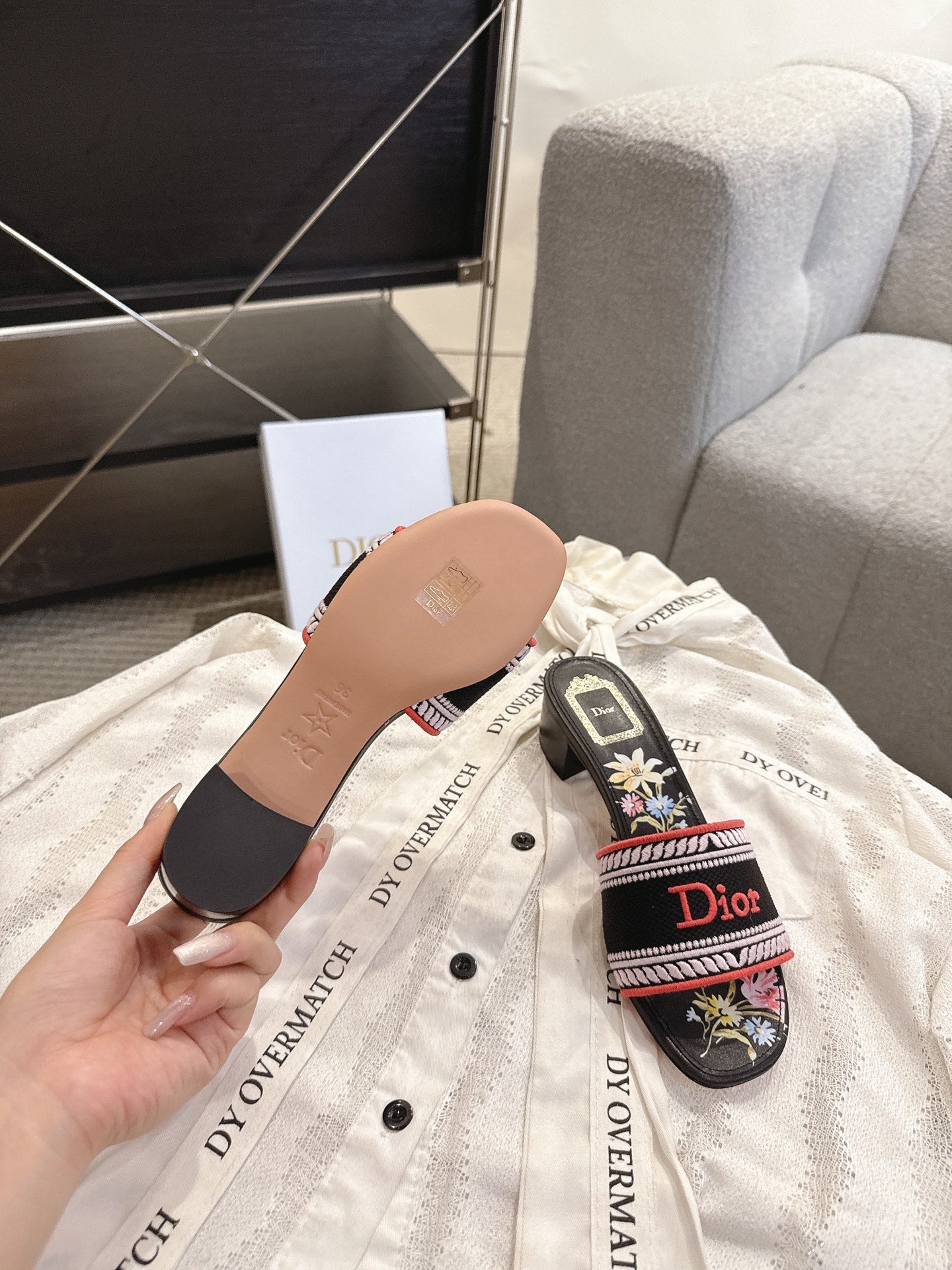 DIOR 26S DWAY FLOWER EDITION HIGH-HEEL SLIDES IN BLACK FABRIC