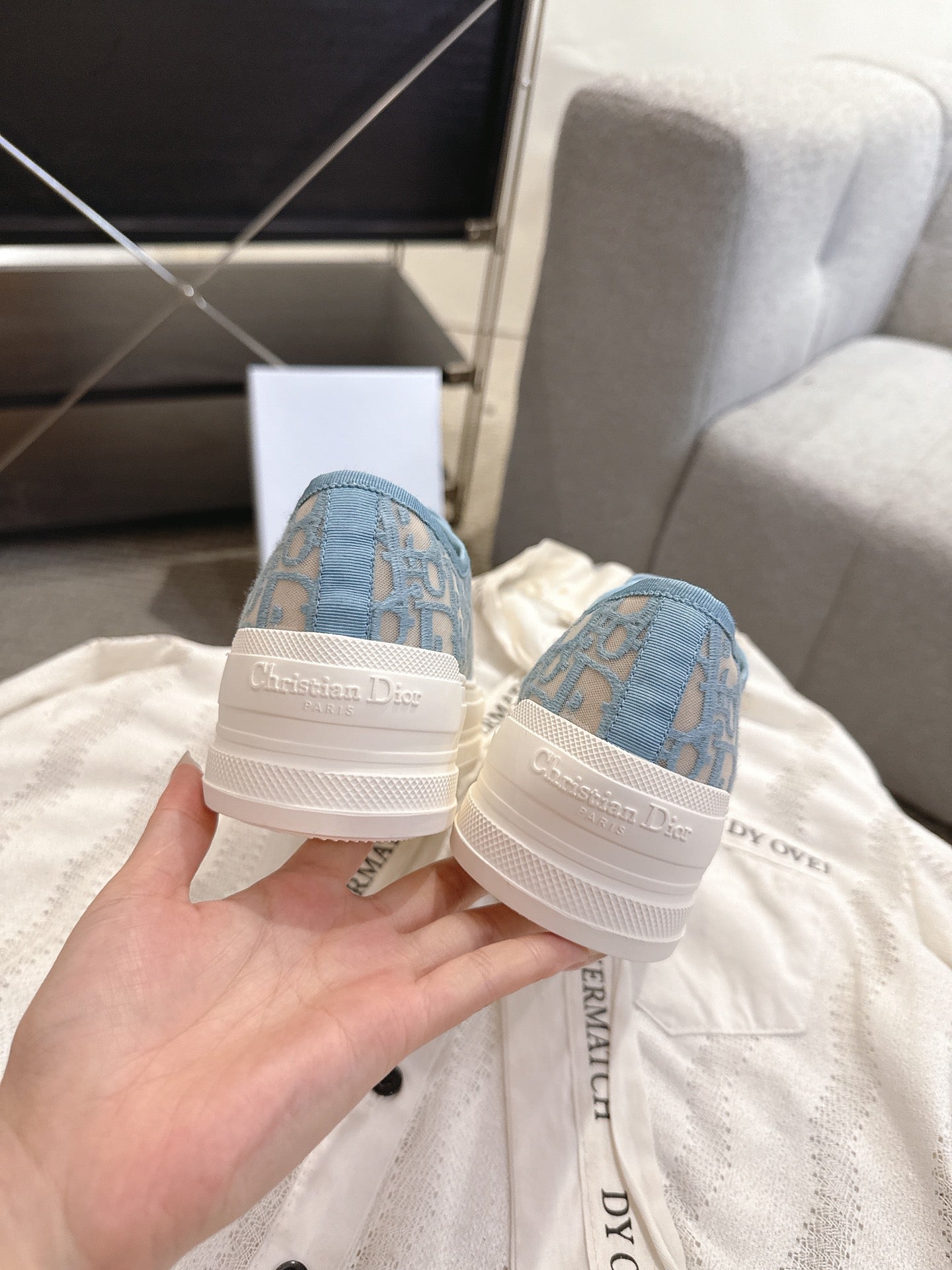DIOR 26S PLATFORM SNEAKERS IN SKY BLUE OBLIQUE EMBROIDERED MESH