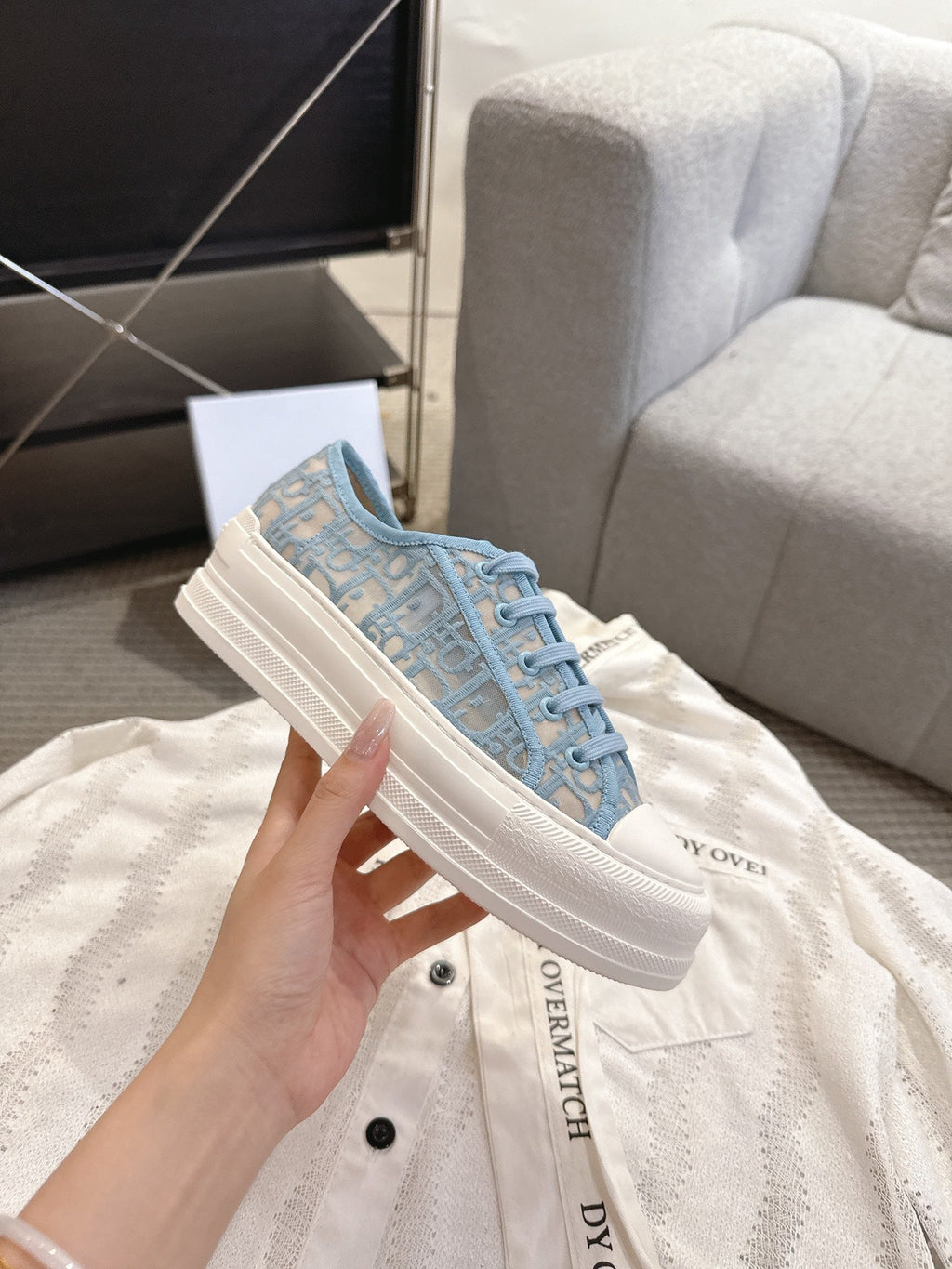 DIOR 26S PLATFORM SNEAKERS IN SKY BLUE OBLIQUE EMBROIDERED MESH