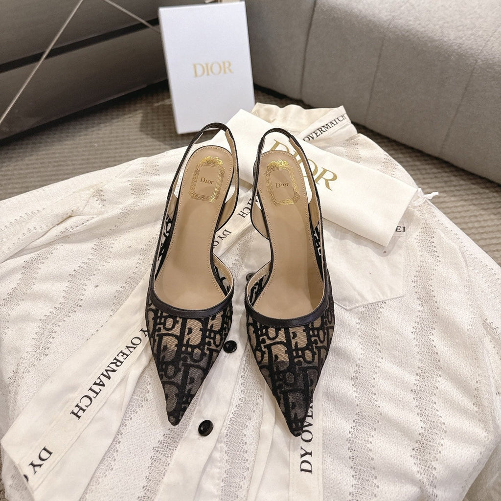 DIOR 26S HIGH-HEEL SLINGBACKS 80 MM IN BLACK OBLIQUE EMBROIDERED MESH