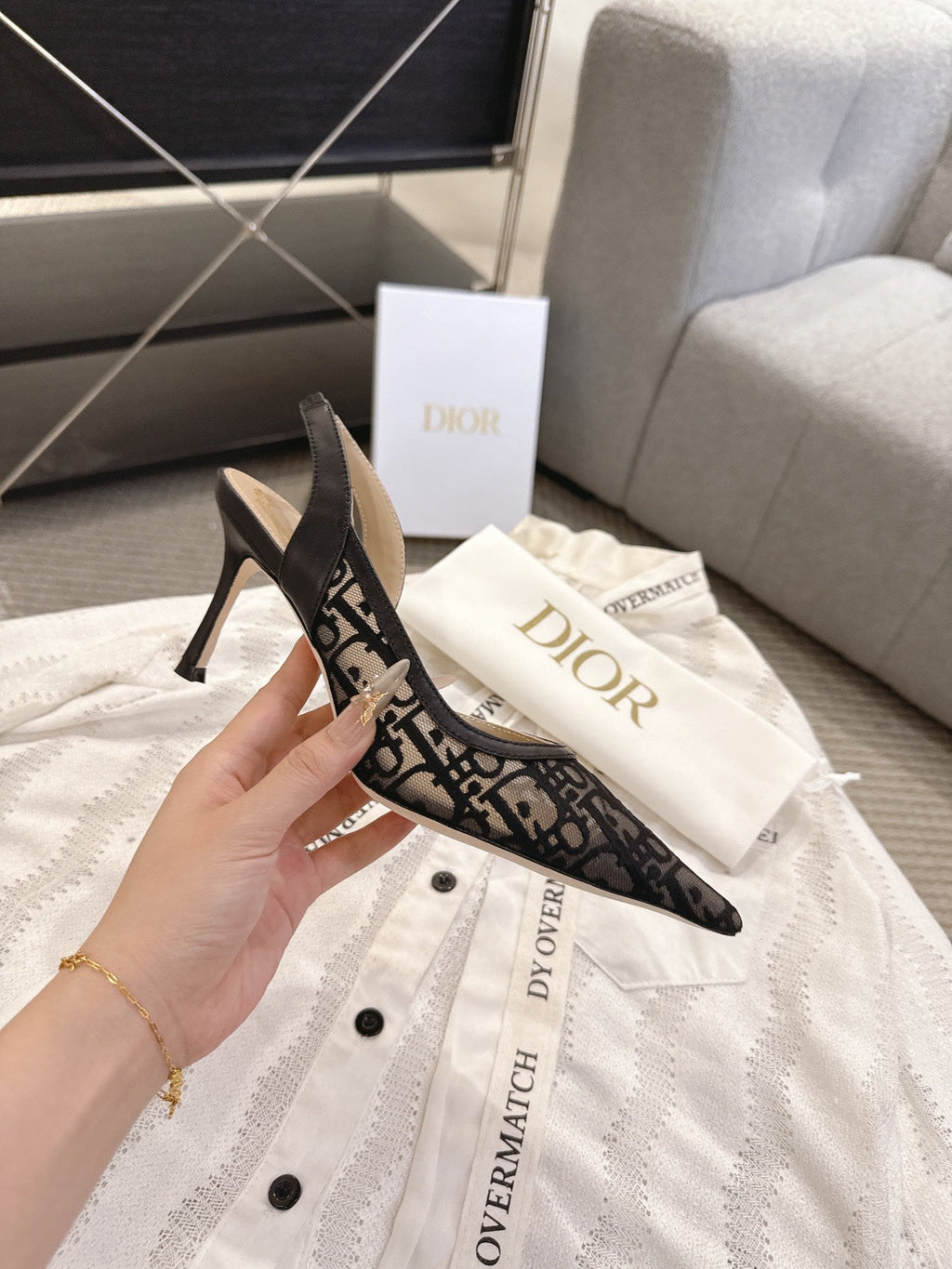 DIOR 26S HIGH-HEEL SLINGBACKS 80 MM IN BLACK OBLIQUE EMBROIDERED MESH