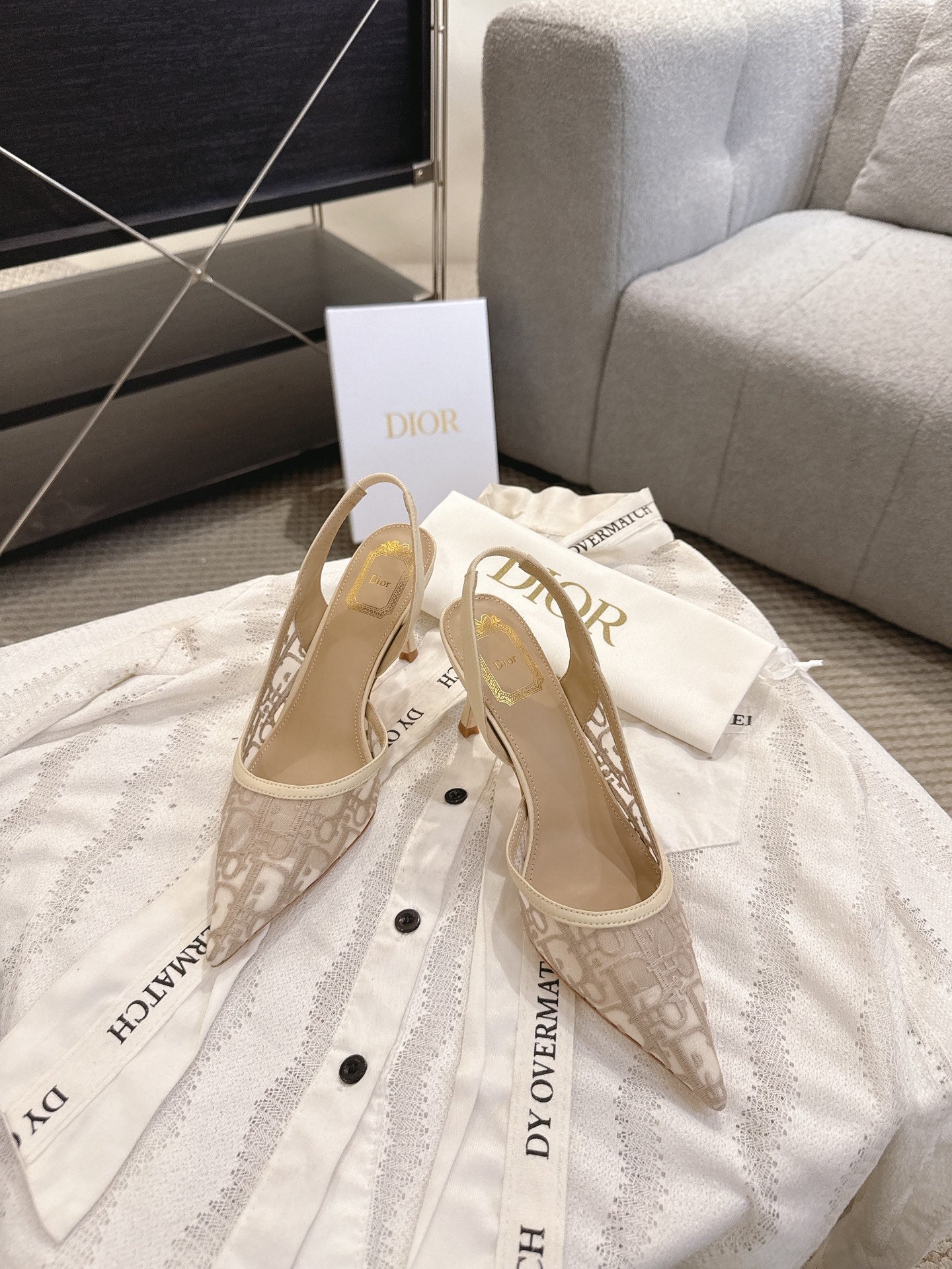 DIOR 26S HIGH-HEEL SLINGBACKS 80 MM IN BEIGE OBLIQUE EMBROIDERED MESH