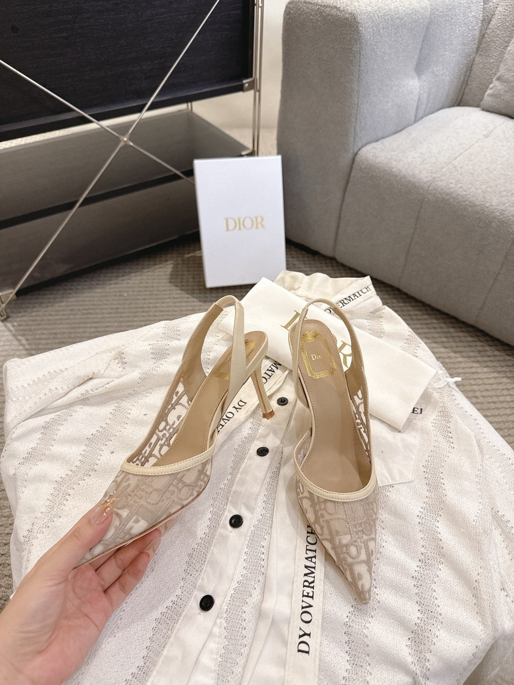 DIOR 26S HIGH-HEEL SLINGBACKS 80 MM IN BEIGE OBLIQUE EMBROIDERED MESH
