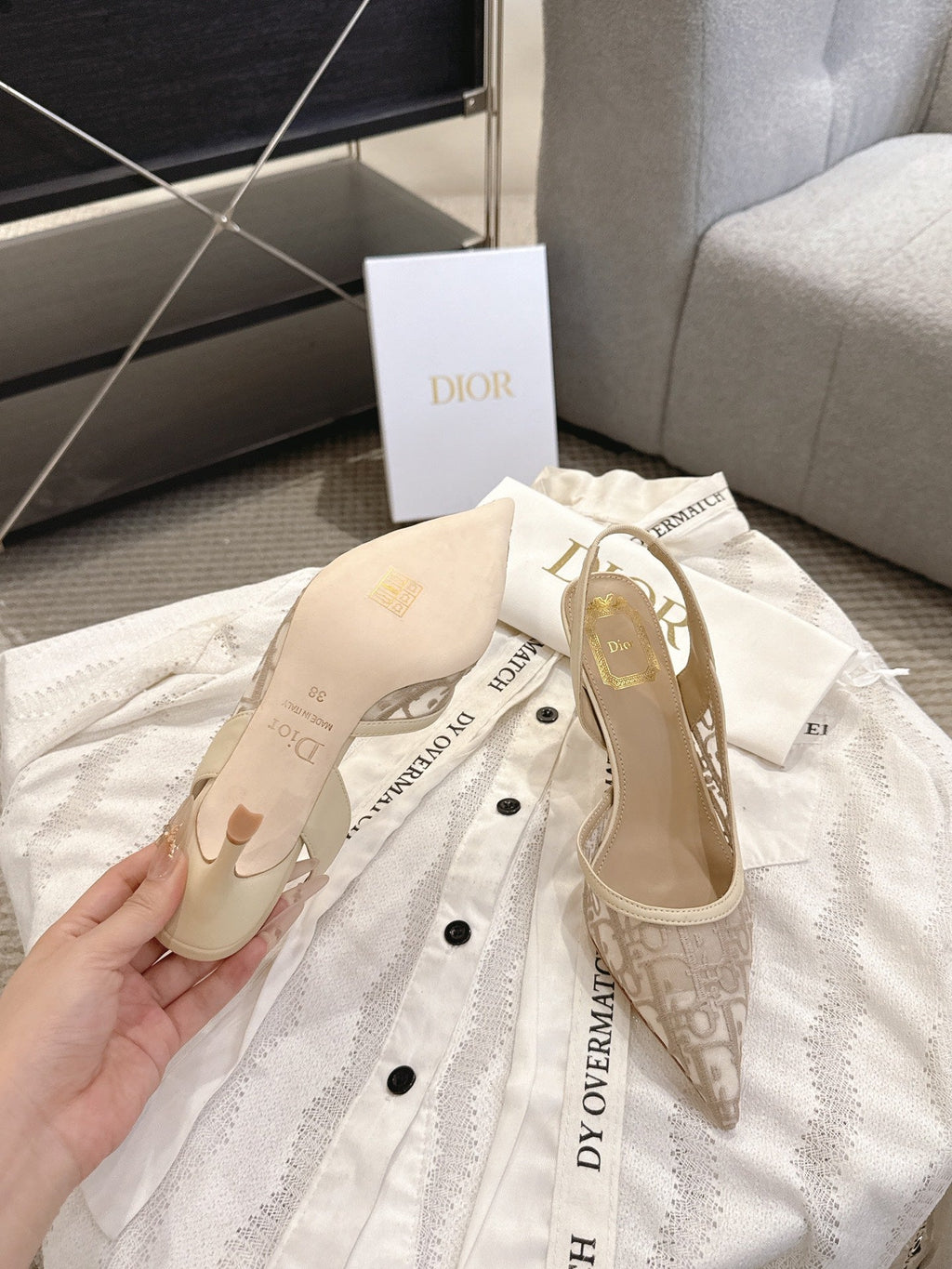 DIOR 26S HIGH-HEEL SLINGBACKS 80 MM IN BEIGE OBLIQUE EMBROIDERED MESH