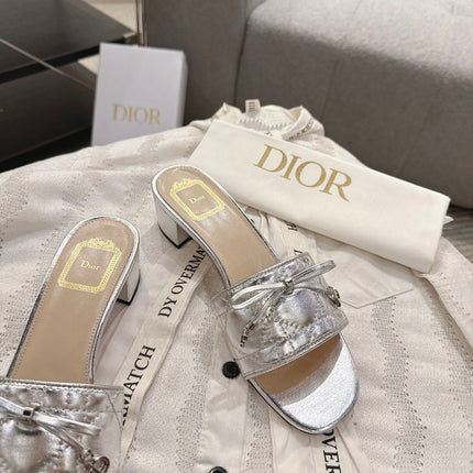 DIOR 26S HEELED MULES 45 MM IN SILVER QUILTED CALFSKIN SILVER HARDWARE