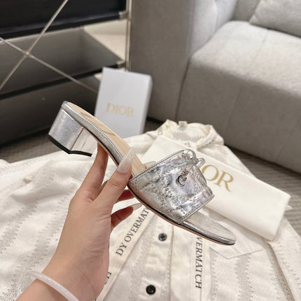 DIOR 26S HEELED MULES 45 MM IN SILVER QUILTED CALFSKIN SILVER HARDWARE