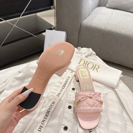 DIOR 26S HEELED MULES 45 MM IN LIGHT PINK QUILTED CALFSKIN GOLD HARDWARE