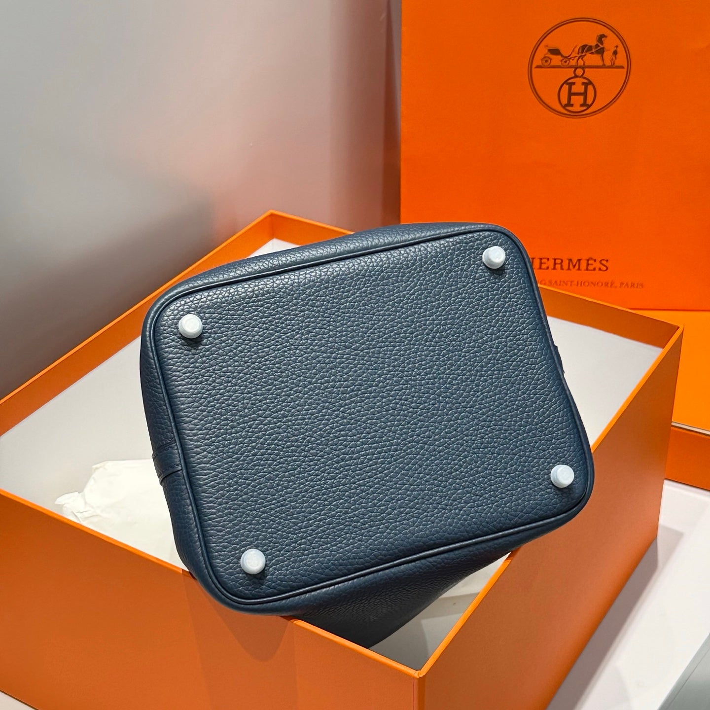HERMES 25S PICOTIN LOCK 22 IN NAVY BLUE CALFSKIN SILVER HARDWARE