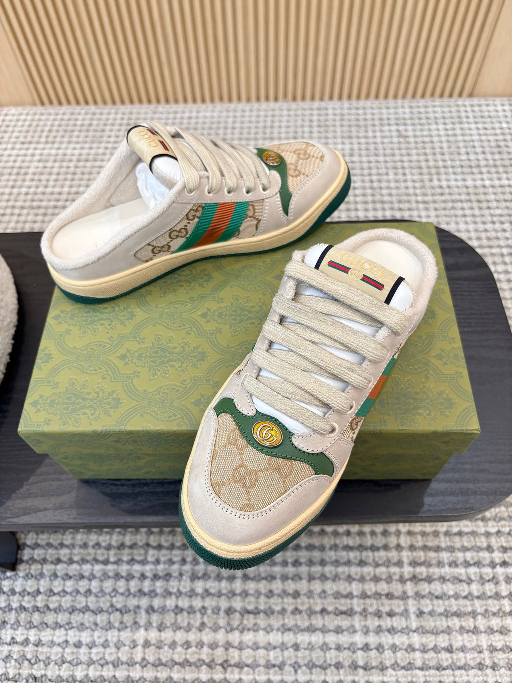 GUCCI 26S BACKLESS SNEAKERS IN BEIGE CANVAS AND LEATHER