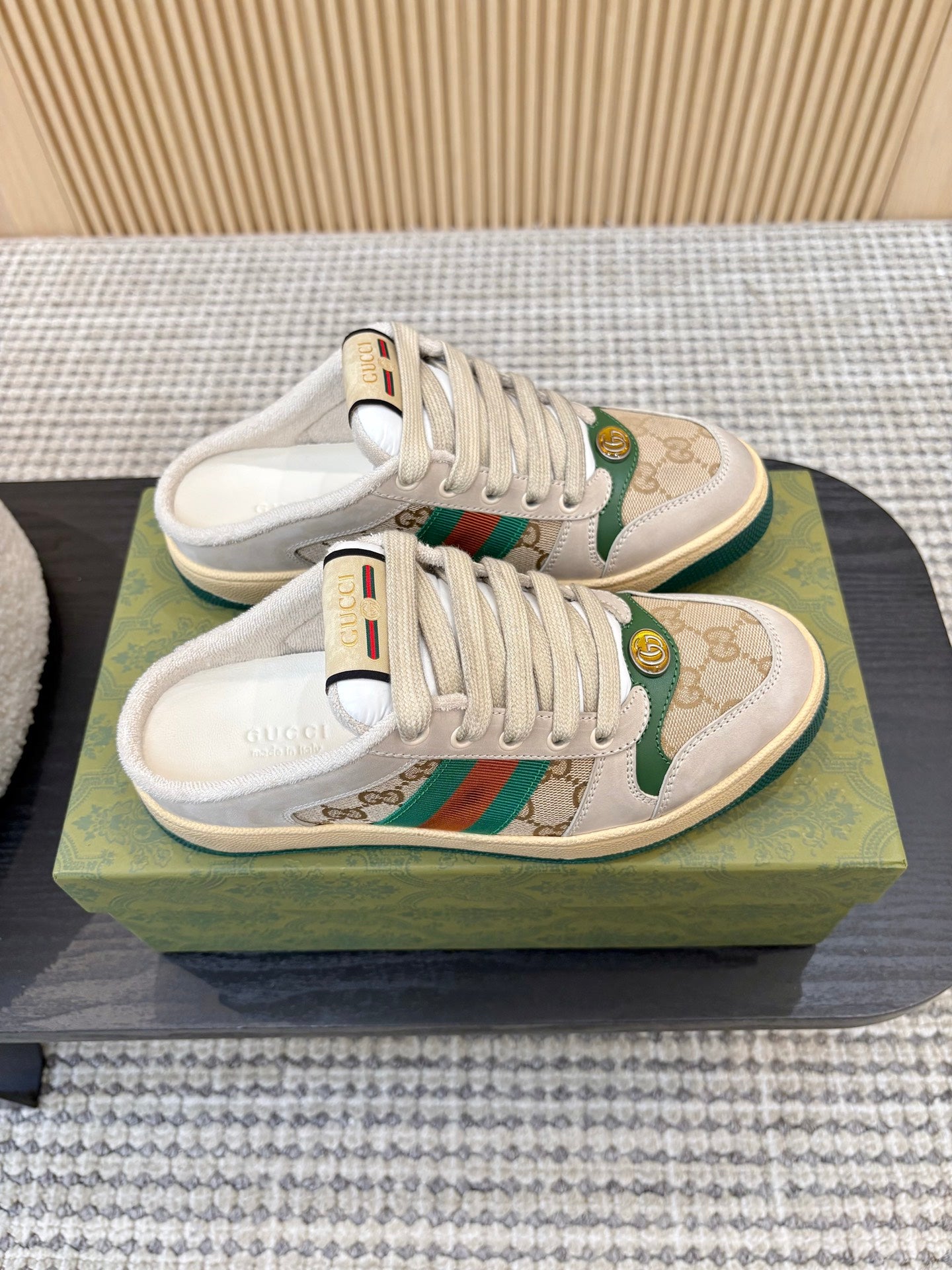 GUCCI 26S BACKLESS SNEAKERS IN BEIGE CANVAS AND LEATHER