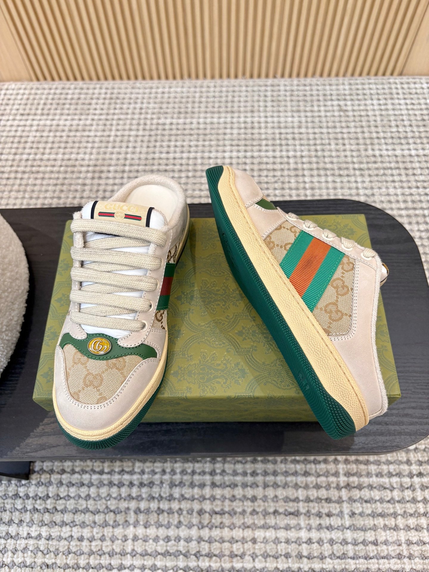 GUCCI 26S BACKLESS SNEAKERS IN BEIGE CANVAS AND LEATHER