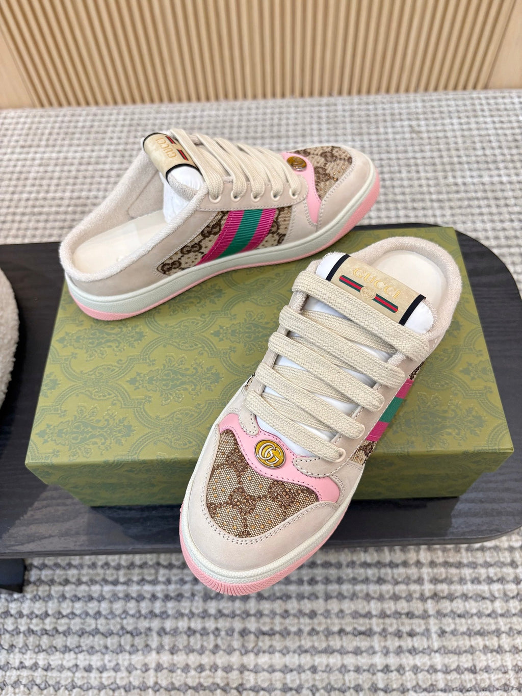 GUCCI 26S BACKLESS SNEAKERS IN BROWN CANVAS AND BEIGE LEATHER