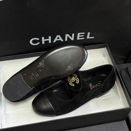 CHANEL 26S MARY JANE FLATS IN BLACK SUEDE AND CALFSKIN