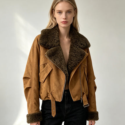 MAXMARA 26S FUR-TRIMMED SUEDE BIKER JACKET 292