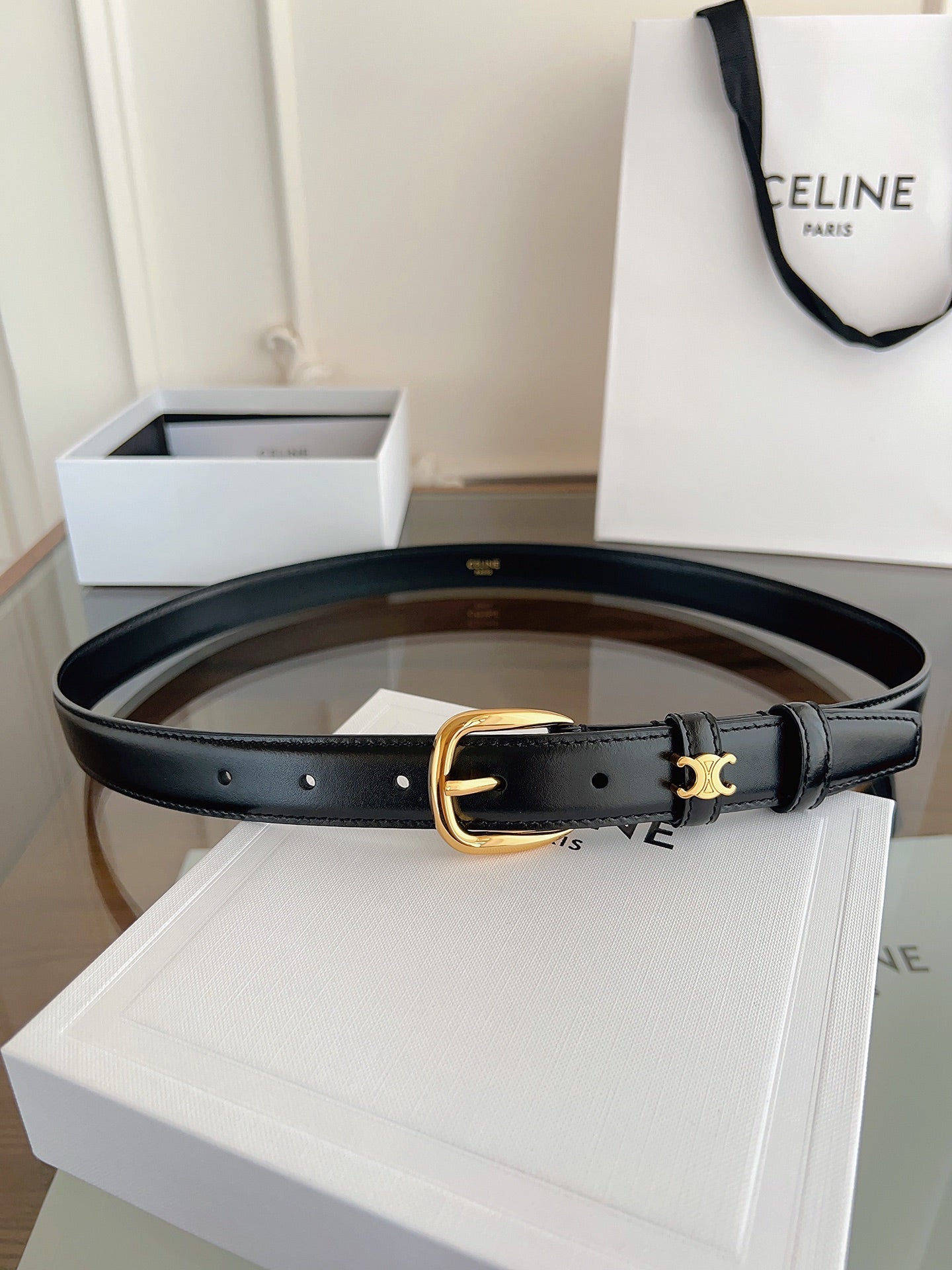 TRIOMPHE BELT 2.5 CM IN BLACK CALFSKIN GOLD HARDWARE 603266