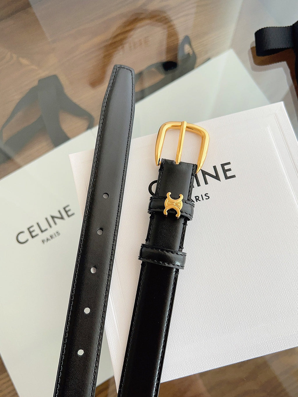 TRIOMPHE BELT 2.5 CM IN BLACK CALFSKIN GOLD HARDWARE 603266